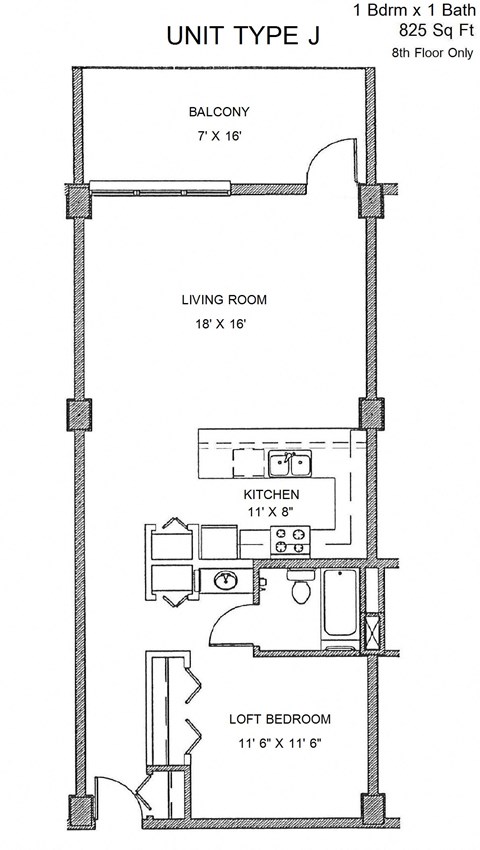 Floor plan for 1 bed, 1 bath, 825 sqft